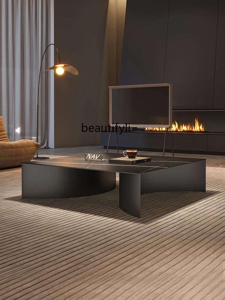 

Light luxury modern rock slab coffee table living room household square black titanium stainless steel coffee table high-end
