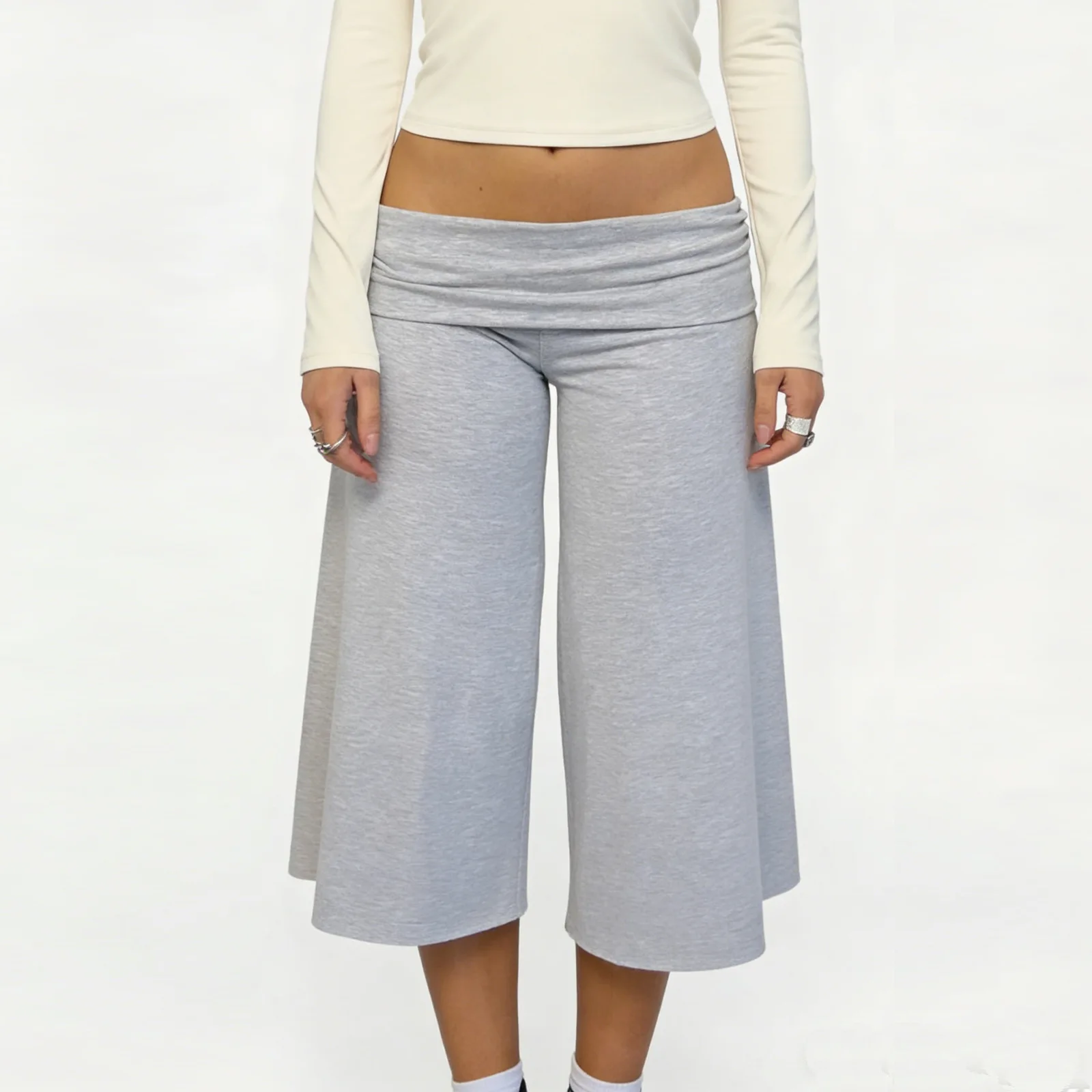 Summer Gaucho Pants Women Fold Over Cropped Capri Pants Low Rise Wide Leg Yoga Capris Stretch Bottoms Streetwear