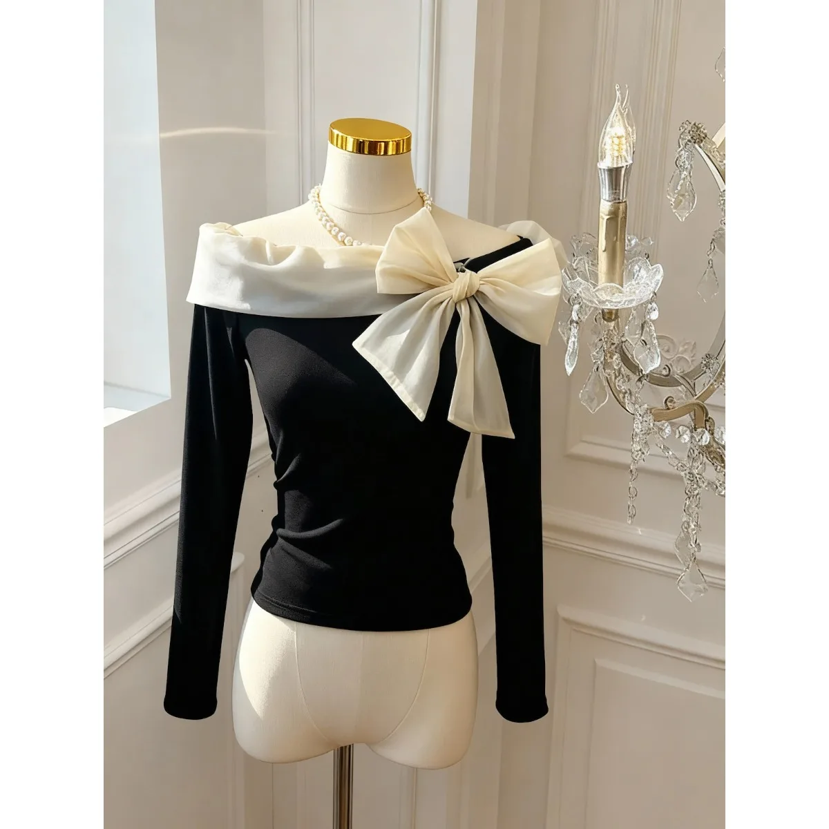 Korean Style Chic One Shoulder Long Sleeve Knitted Top Women's High Fashion Spicy Girl  Knot T-Shirt City Walk Cotto...