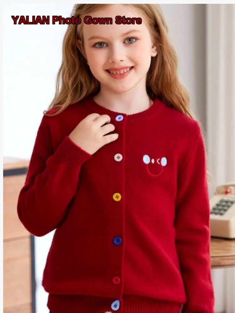 Red Lotus Pure Knit Coat Chic Cardigan Boys Girls Embroidered Smiling Face Top