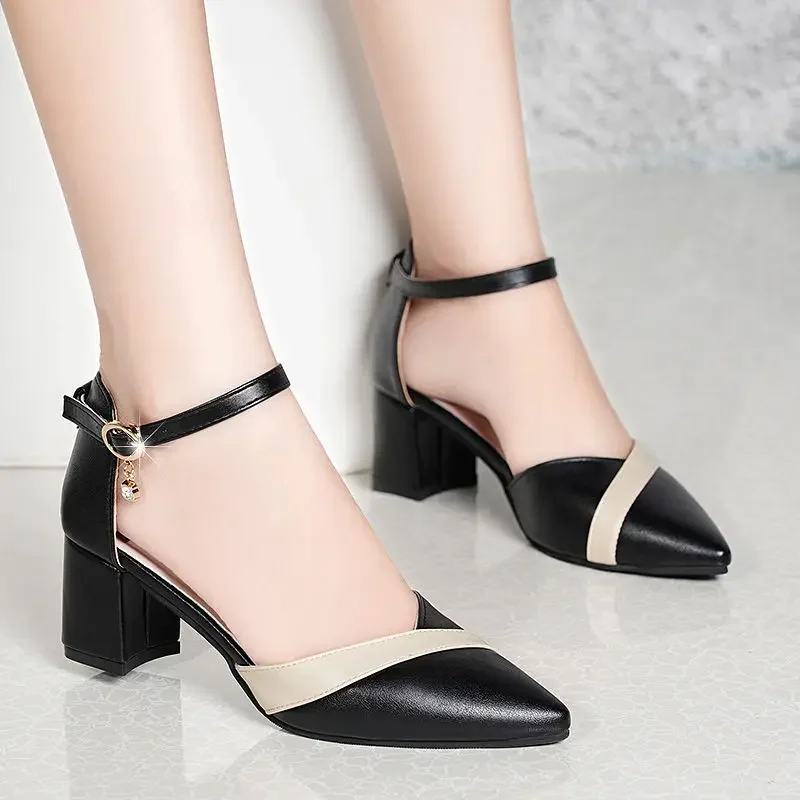 Women Fashion Pointed Toe Black High Quality Office Square Heel Shoes Lady Casual Multi Color Comfort Street & Party Heels A107