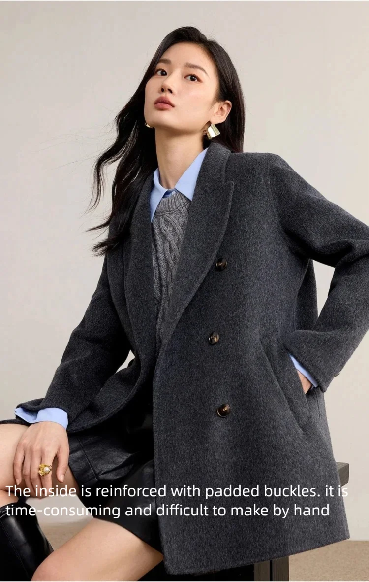SENTUBILA Damen-Wollmäntel 2026 Wintermode Doppelreihige Jacken mit Taschen, Lose Sitzende Wollmäntel für Damen W54OA8787 – Detail 9