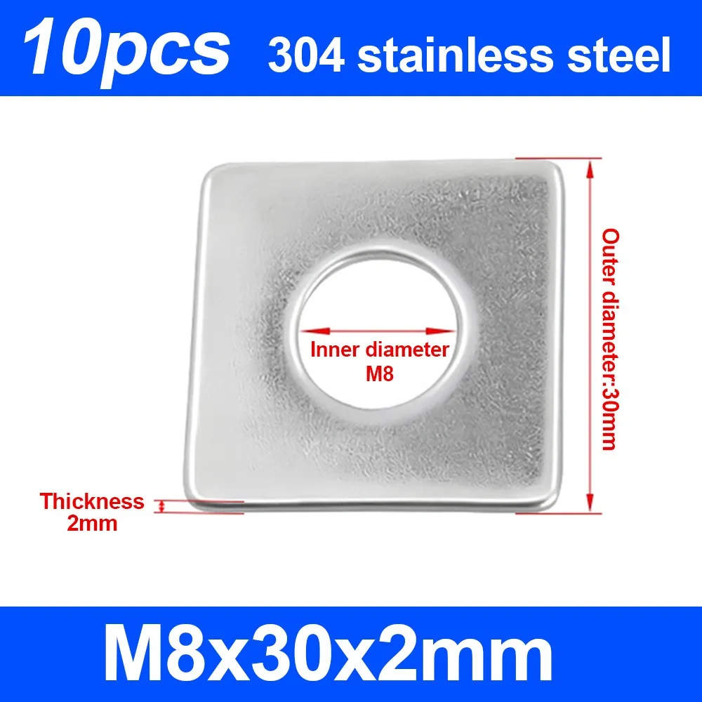 10Pcs M3-M20 Square Plate Washer Square Design 304 Stainless Steel Square Flat Washer Rustproof Large Bearing Area