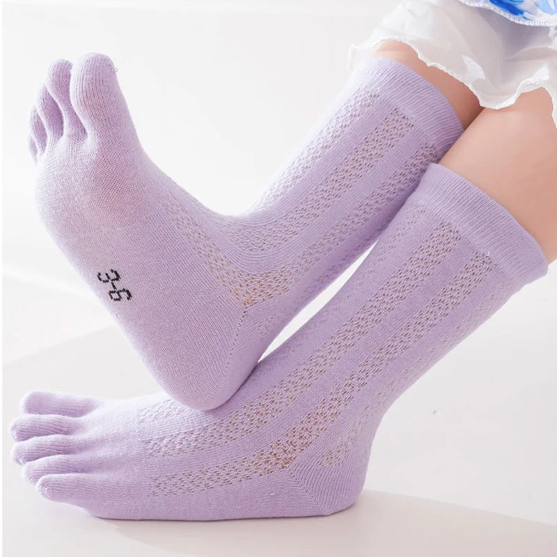5 Pairs Baby Girls Pure Cotton Mesh Socks with Toes Spring Summer Breathable Solid Black White Pink Purple Green 5 Finger Socks
