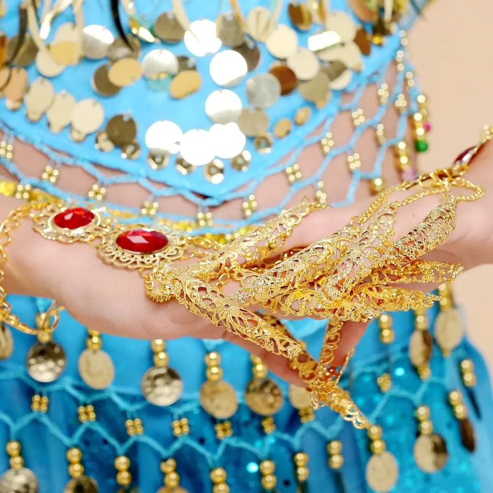 

1 pair Gold Color Golden Finger Bracelet Antique Style Red Gem Indian Dance Finger Tip Indian Thai Hand Rings