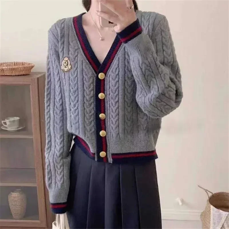 British Style Retro Women Grey Cardigan Knitting Sweater College Badge Embroidery Y2k Jacket Coat Female Girl Winter V-neck Tops