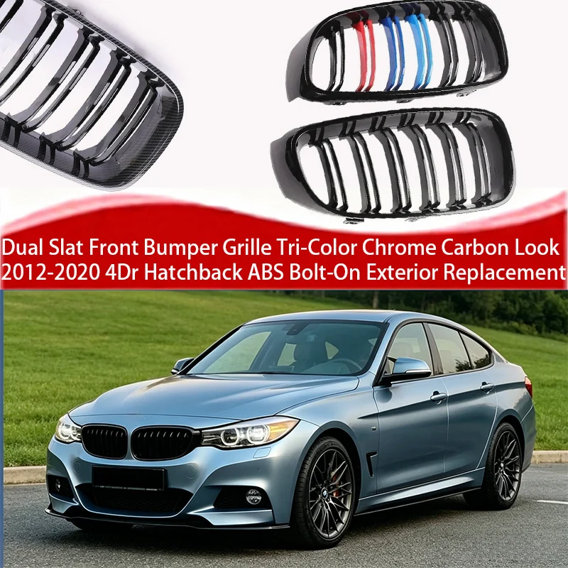 Dual Slat Front Bumper Grille Tri-Color Chrome Carbon Look F34 2012-2020 4Dr Hatchback ABS Bolt-On Exterior Replacement
