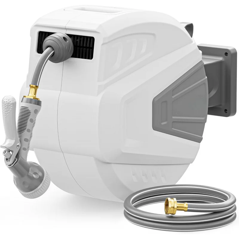 

Wall Mounted Retractable Hose Reel 1/2 x 100ft, 9-Pattern Nozzle, Slow Return & Length Lock, 180° Swivel, Heavy Duty, Gray