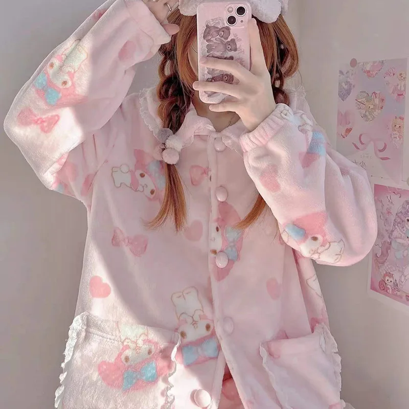 Hot Kawaii My Melody Coral Velvet Pajamas Girls Cute Tops Pants Plus Velvet Thickened Autumn Winter Home Clothing Casual Suit