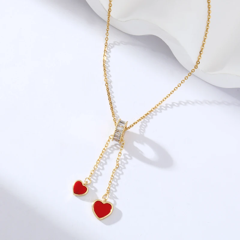 EILIECK 316L Stainless Steel Red Double Heart Pendant Pendant Necklace For Women Fashion New Gift Neck Chain Waterproof Jewelry