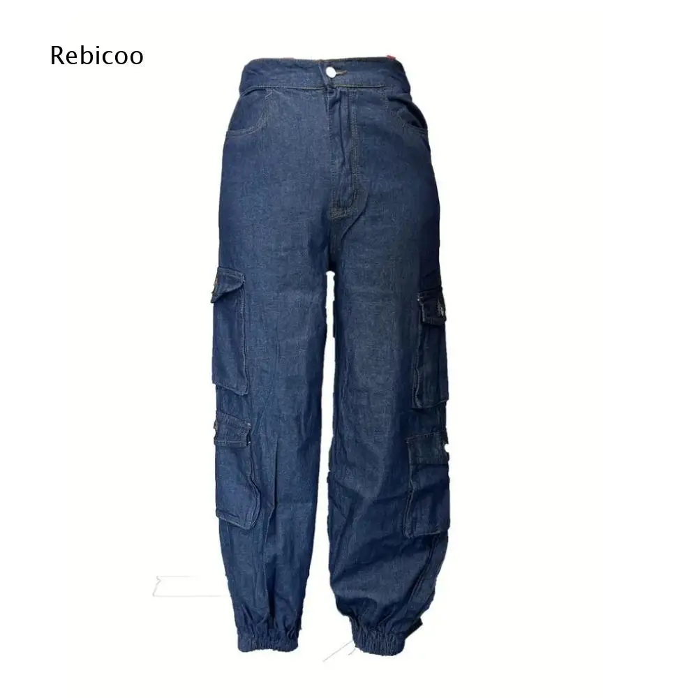High Waist Multi Pocket Denim Cargo Pants Women Loose Silhouette Elastic Cuffed Ankle Casual Trousers For Daily Street Wear