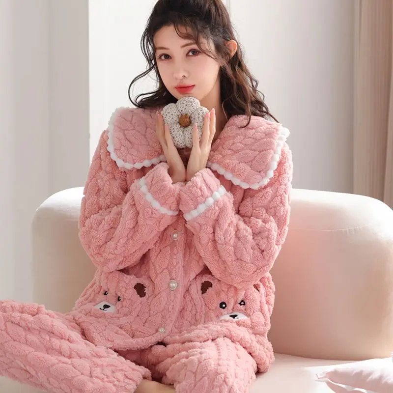 

Autumn Winter Women's Warm Flannel Pajama Set Coral Fleece Sleepwear Thick Cardigan Loungewear Pajamas Casual Homewear Suits