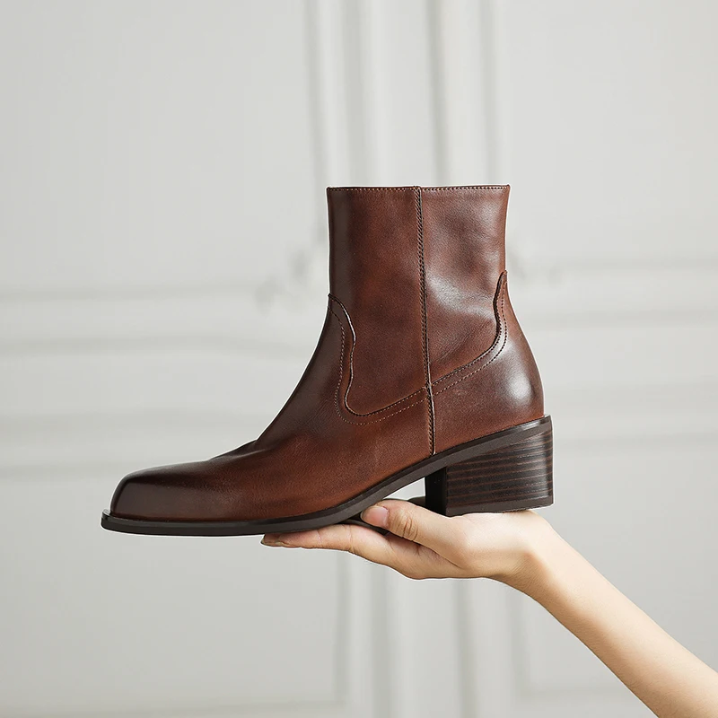 QUTAA Fashion Cow Leather Women Ankle Boots Winter Shoes Autumn Mid Heels Zipper Motorcycle Square Toe Retro Short Boots 34-40