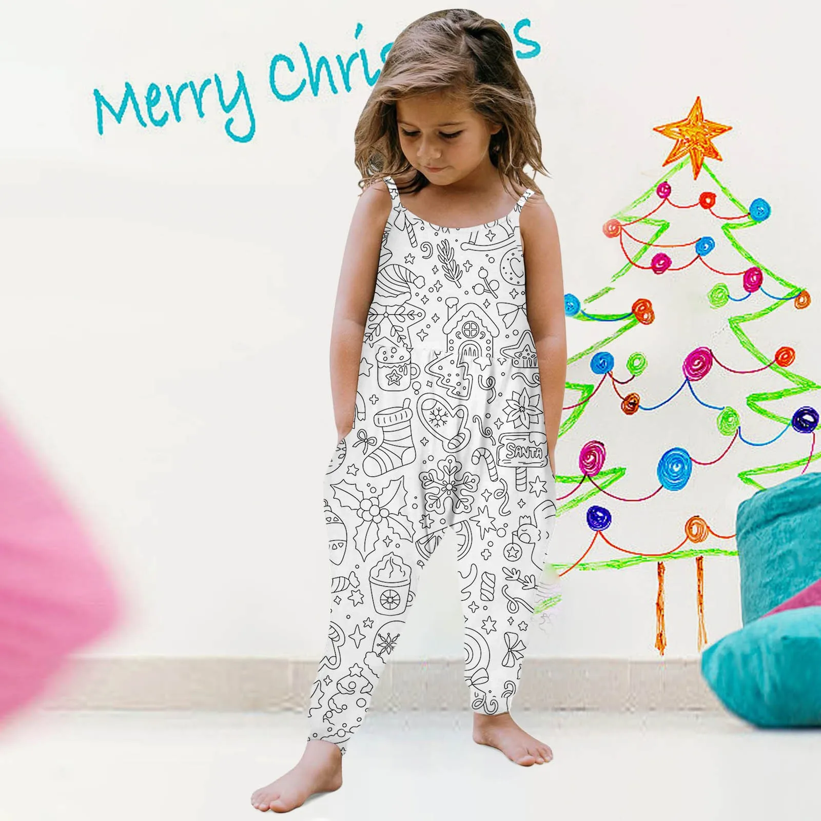 Baby Christmas DIY Jumpsuit Kids Sketch Colorful Romper Harem Pants Kid Art Color Your Own Handicraft Toys DIY Crafts For Girls