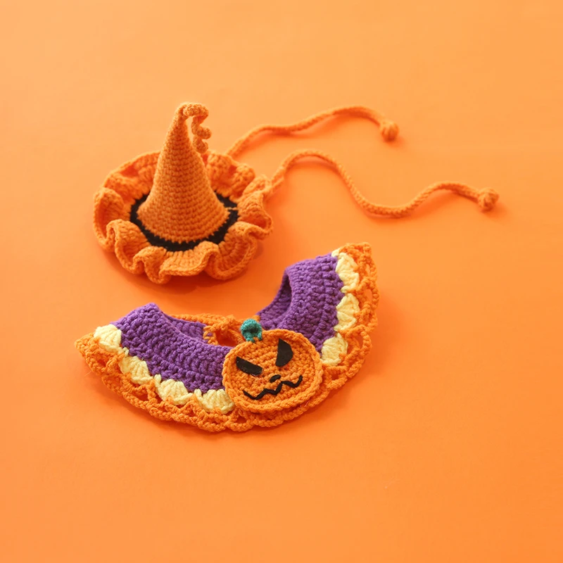 Halloween Dog Collar Pet Bib Dog Collar Cat Hat Hand Knitted Crochet Collar Pumpkin Costume Pet Accessories