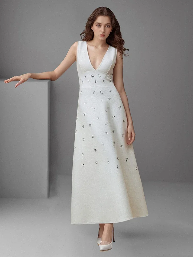 

Sexy Deep V Neck Rhinestone Bandage Long Dress Women White Sleevless Diamonds A-line Dresses Evening Party Cocktail Gowns