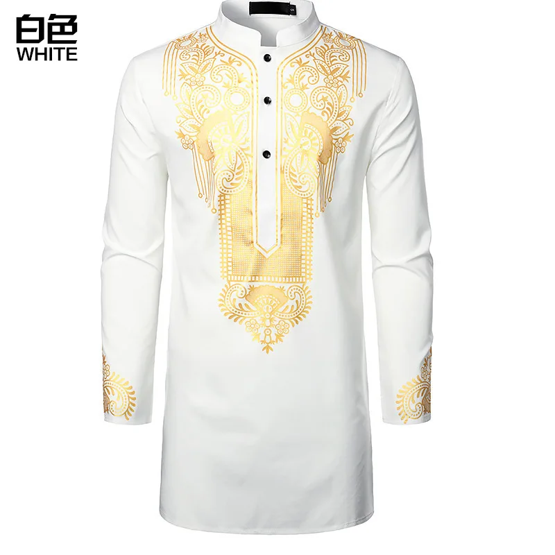 Túnica árabe islámica Abaya para hombre, estampado étnico, cuello levantado, camisa juvenil de longitud media, abrigo de lujo, moda informal, ropa musulmana para hombre