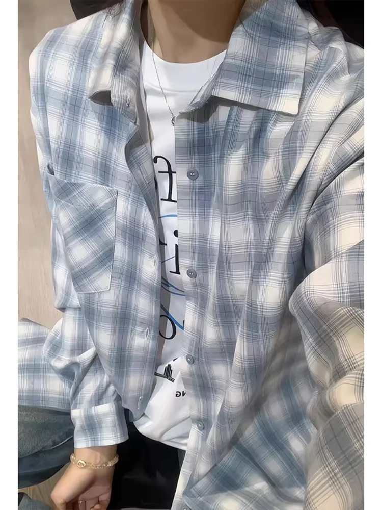 

Blue Plaid Sun Protection irt Thin Ice Silk Qui Dry Long Sve Summer Outerwear for Men And Women Lazy Sle Couple's irt