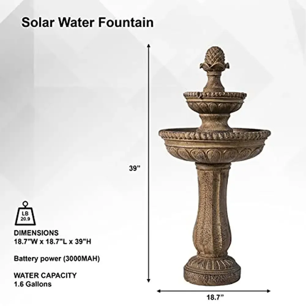 Solar 2 Tier Outdoor Water Fountain with Pump Classic Design Garden Patio Decor Energy Saving Solar Panel Durable Resin Material