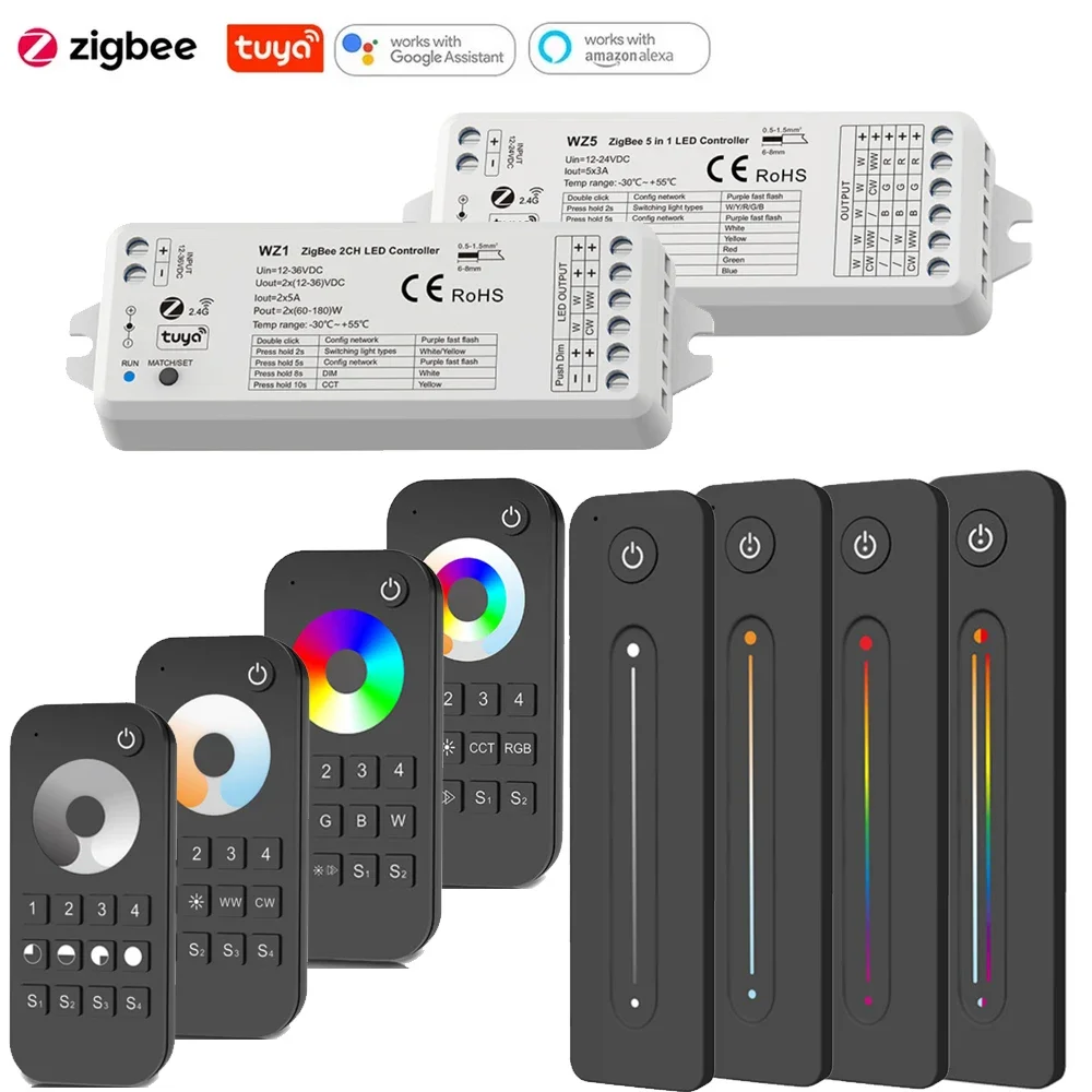 2in1 5in1 Tuya Zigbee LED Controller DC12V 24V 2CH-5CH CCT RGB RGBCCT Dimmer luce 2.4G RF Telecomando senza fili per Alexa