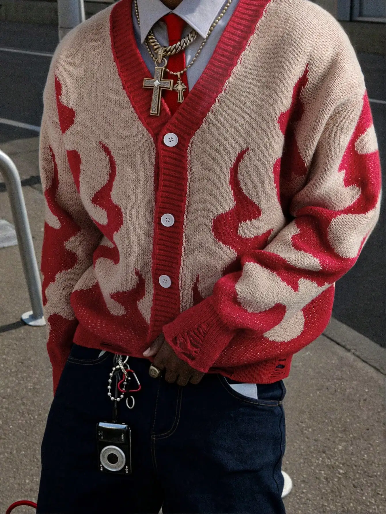 

Men's Loose Fit V-Neck Cardigan with Flame Pattern, Distressed Knit, Autumn Winter Casual Wear