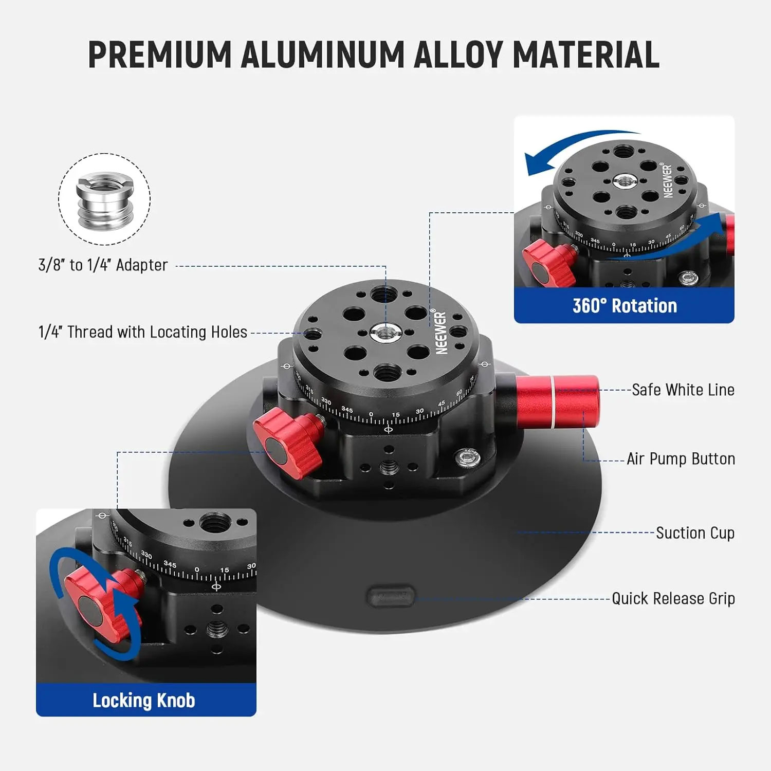 Neewer 6" Kamera-Saughalterung mit Kugelkopf, magischer Arm, Metall-Autohalterung für Kamera/Telefon, Luftpumpe, Vakuum-Saugnapf am Auto – Detail 2