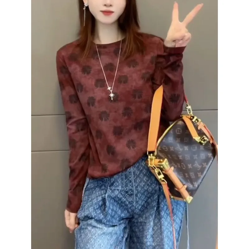 Tie-dye Printed German Velvet Round Neck Long-sleeved T-shirt for Women in Autumn and Winter Versatile Warm Base Layer Top