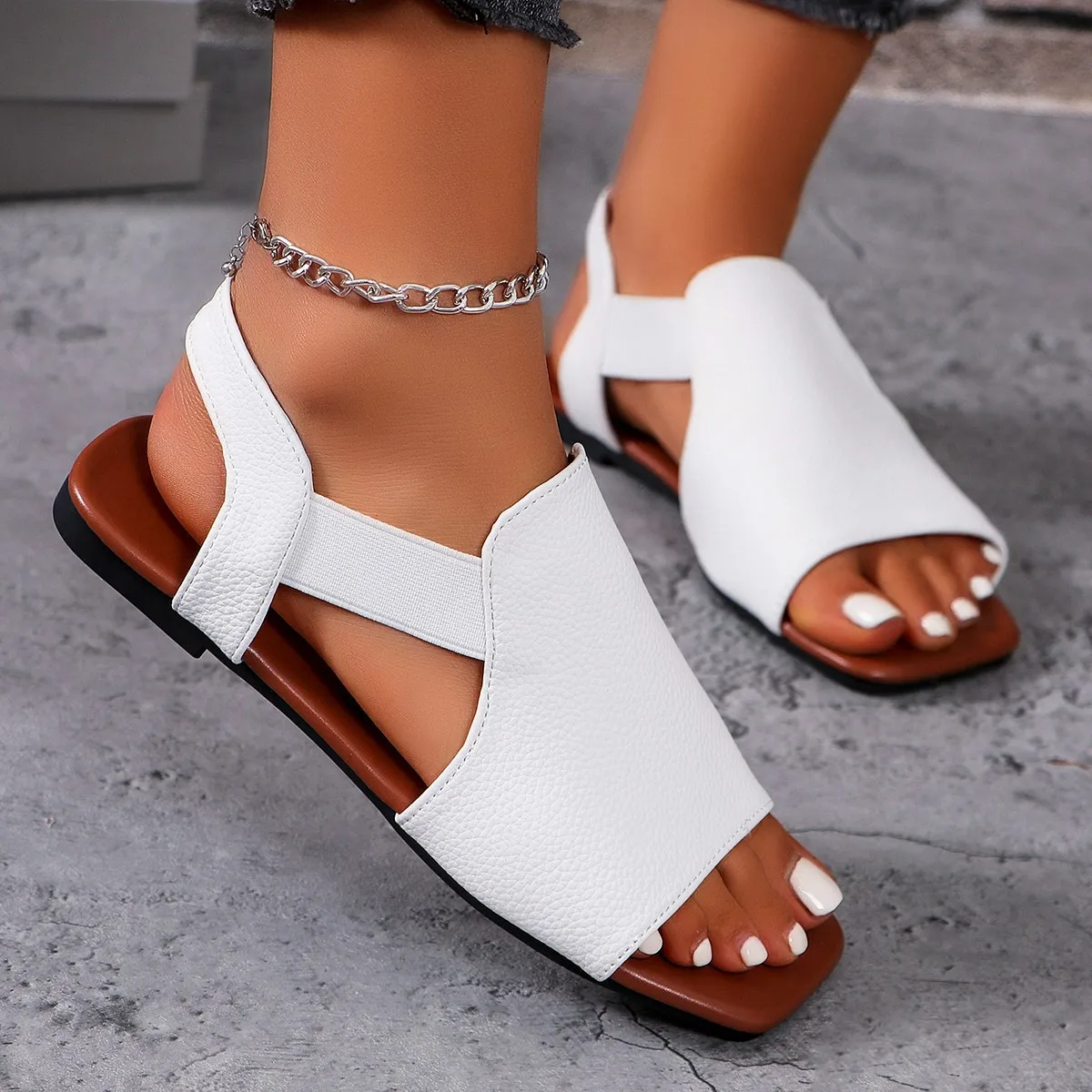 Square Toe Sandals Women 2024 New Summer Wear Soft Flat Retro Fashion Women Sandals Big Size