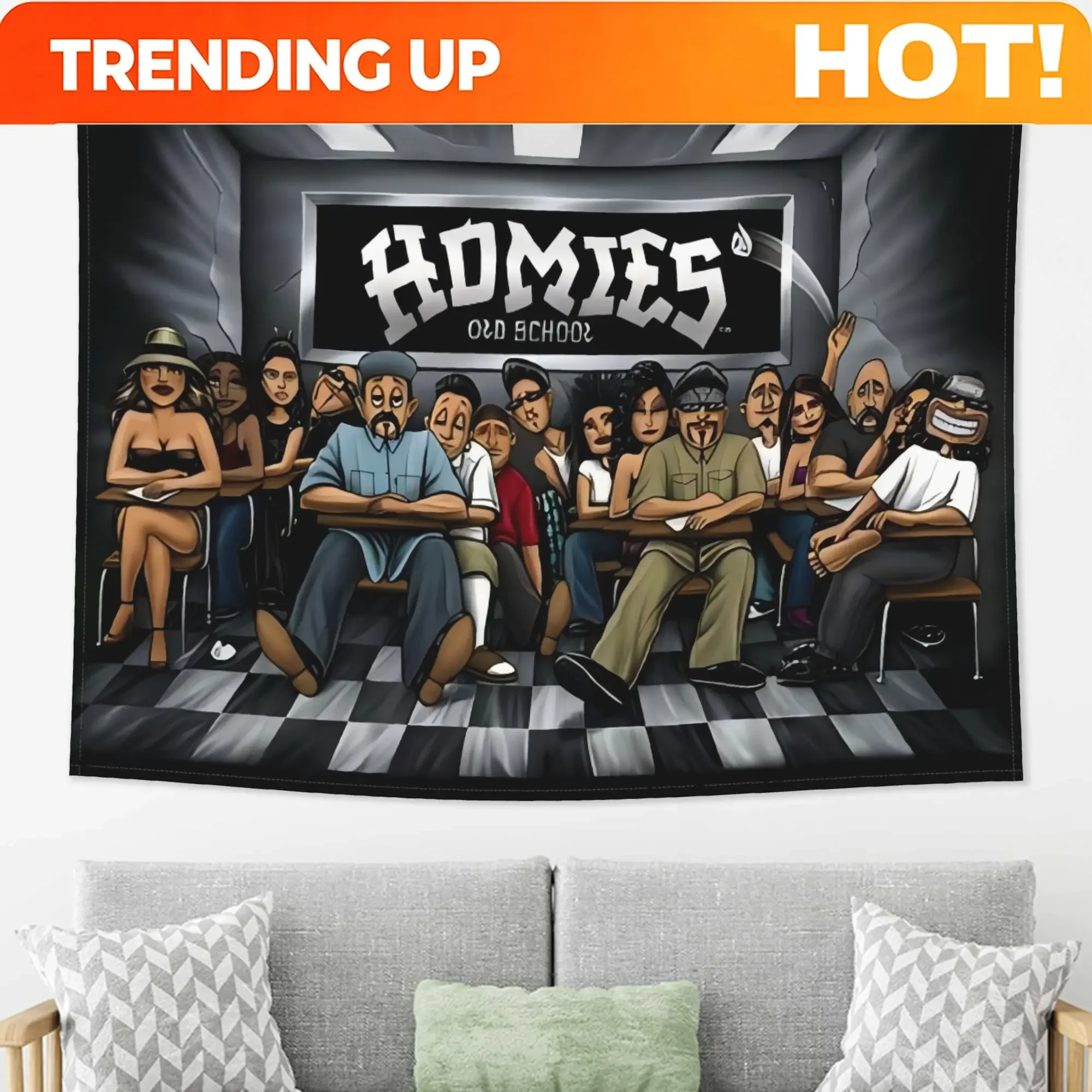 Customization Vibrant Cartoon-Style Classroom Scene Wall Art - Homies In Classroom Illustration Tapestry, Durable Polyester Fabr