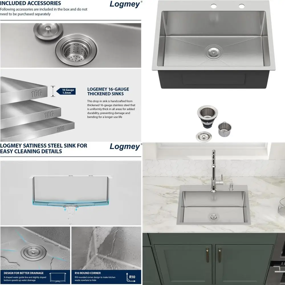 

24 x 18 Stainless Steel Single Bowl Kitchen Sink, 16 Gauge, 9 Deep with Drain