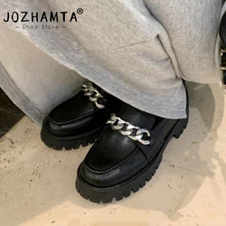 JOZHAMTA Size 34-39 Women Platform Heels Pumps Shoes Real Leather Fashion Chain 2025 Chunky Mid Heel Loafers Casual Office Lady