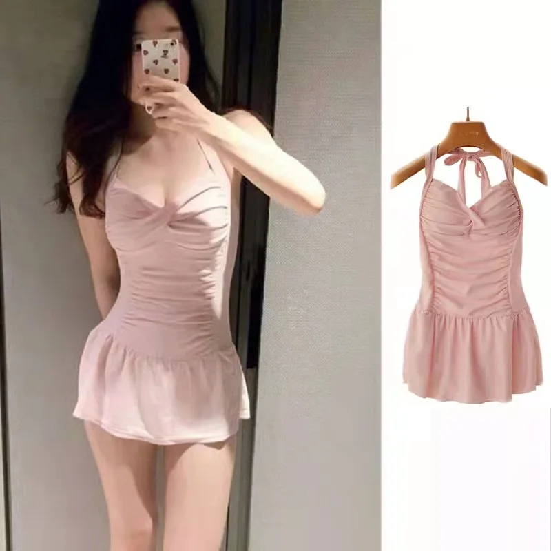 Women Halter Skirted One Piece Swimsuit Ruched Tummy Control Solid Pink For Spa Vacation