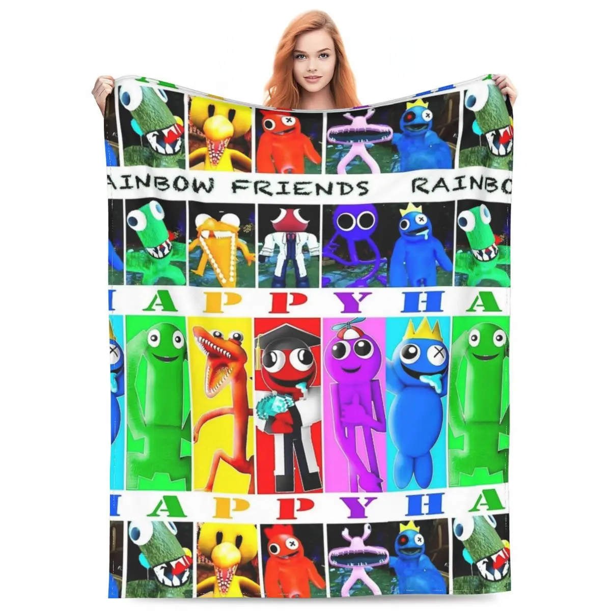 R-Rainbow Friends Happy Happy Blankets Velvet Printed Gamer Cozy Lightweight Thin Throw Blanket for Bed Office Bedspread