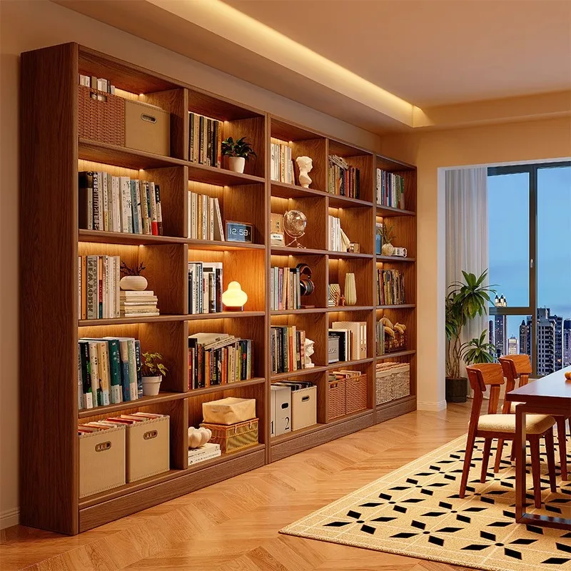 All solid wood bookcase integrated whole wall one wall bookshelf floor walnut color living room display cabinet storage locker
