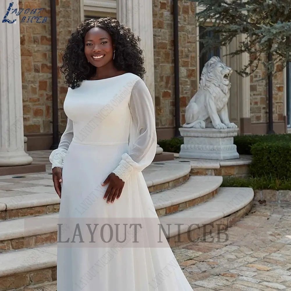 LAYOUT NICEB O-hals chiffon A-lijn bruidsjurken Plus size volledige pofmouwen trouwjurken zonder rugleuning vestido de noiva casamentoLAYOUT NICEB O-hals chiffon A-lijn bruidsjurken Plus size volledige pofmouwen trouwj