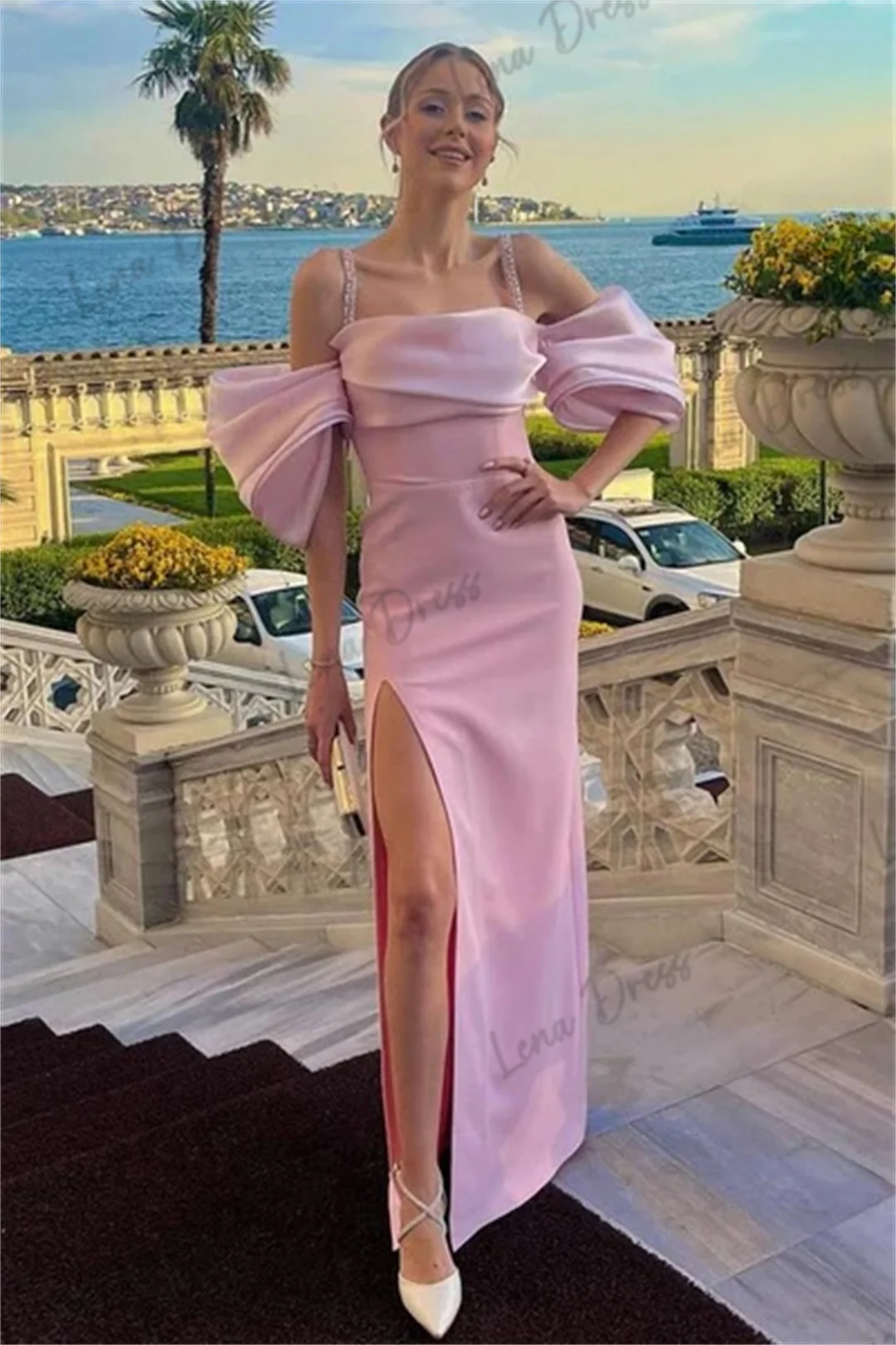 Lena-2024 New Evening Dress Pink One Line Neck Bubble Sleeves Fishtail Floor to Floor Dress Suitable for Various Ball Parties