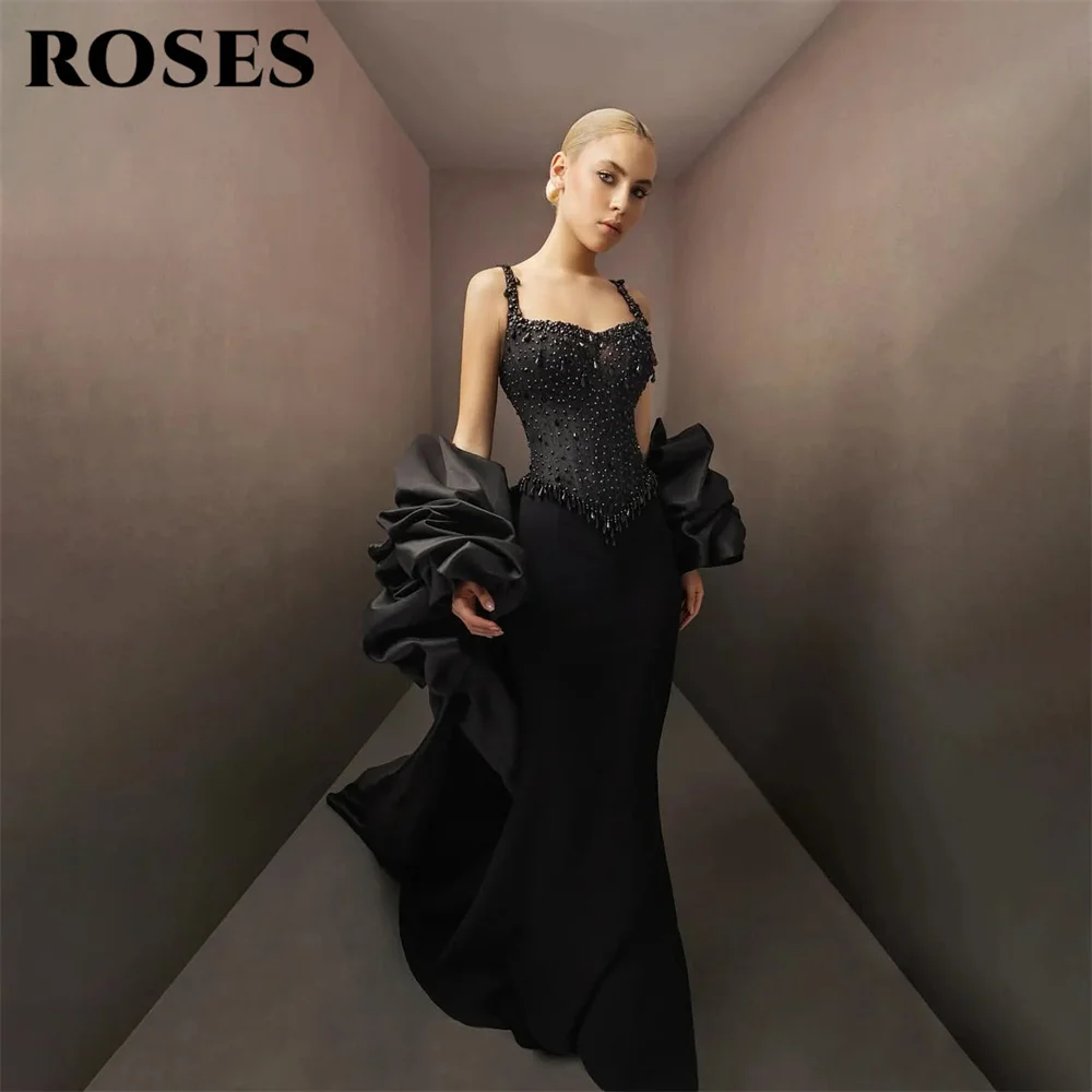 

ROSES Black Party Dress Spaghetti Strap Evening Dress Beaded Corset Mermaid Formal Gown Detachable Sleeve Prom Gown Customized