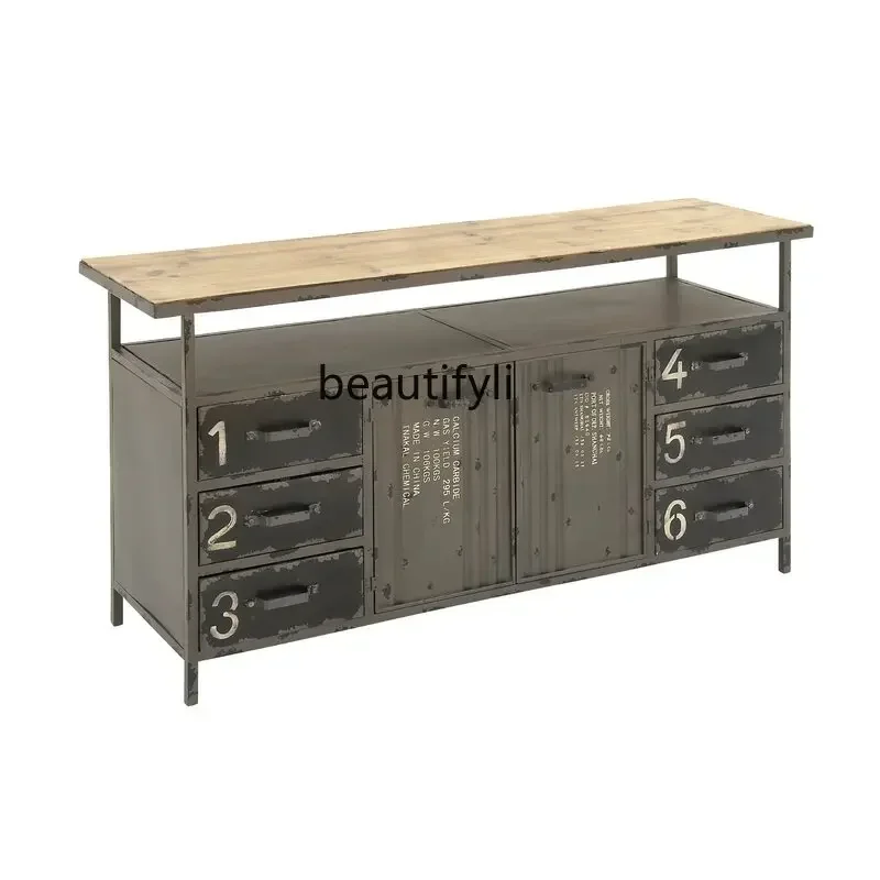 

zq1LOFT Industrial Style Sideboard Iron Locker Tea Table Vintage Distressed Restaurant Equipment Sideboard Cupboard Wine Cabinet