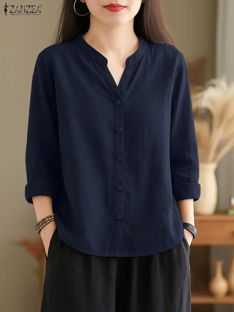 ZANZEA 2025 قميص الخريف موضة المرأة الخامس الرقبة طويلة الأكمام بلايز أنيقة الصلبة OL العمل بلوزة أزرار غير رسمية حتى Blusas تونك فام #4