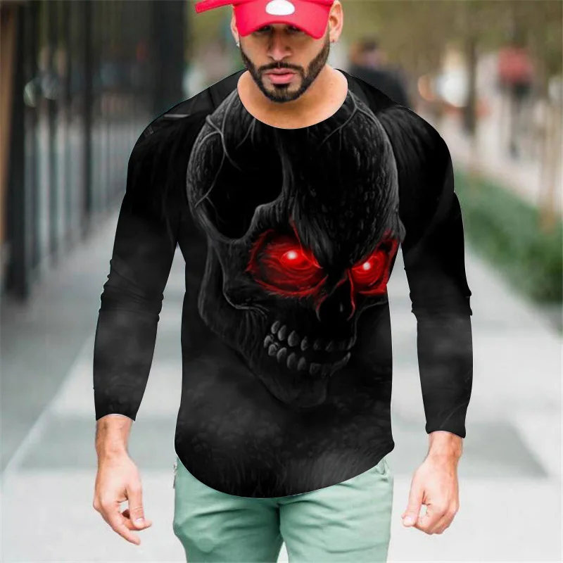 New Halloween 3D horror themed skull series printed graphic t shirts casual O-neck long sleeved Men T-shirts street y2k tops