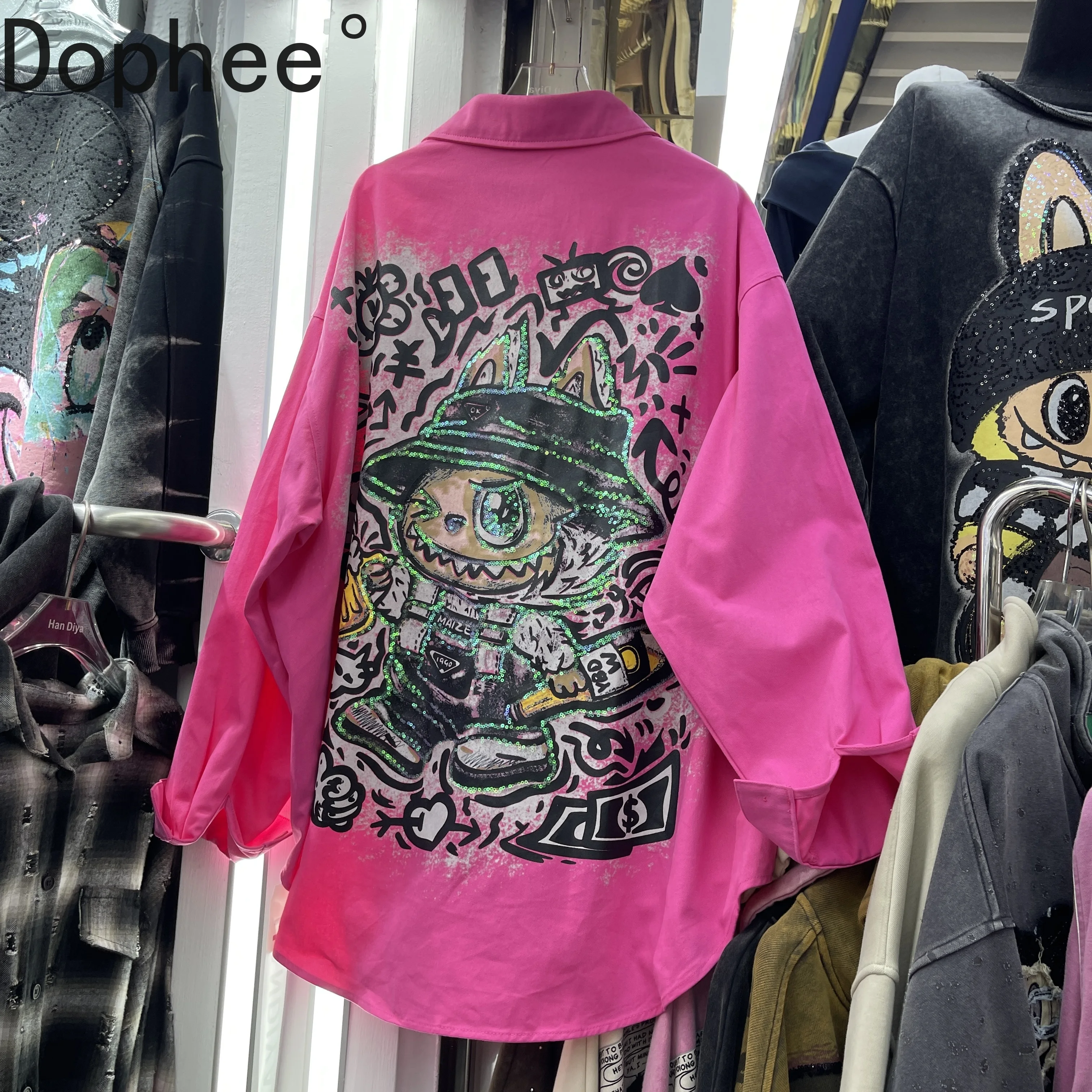 

Fashion Autumn Long Sleeve Female Blouses All-match Mid-long Loose Cardigans Coat Embroidery Sequins Cartoon Casual Women Shirts