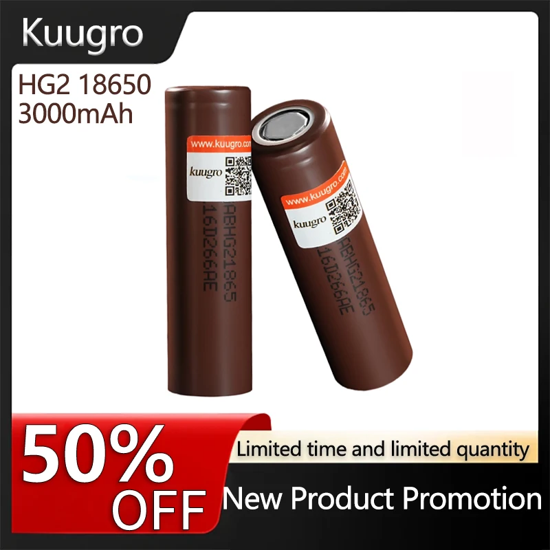 

Kuugro HG2 3.7v 18650 3000mAh Lithium Rechargeable Batteries Continuous Discharge 30A For Drone Power Tools