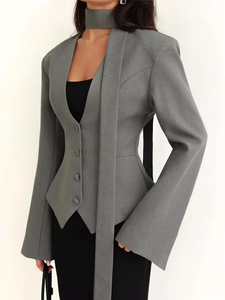 Chic Lady Black Grey White Slim Blazer with Scarf Elegant New Spring Fall Casual Suit Jacket V Neck Flare Sleeve Workwear Coat