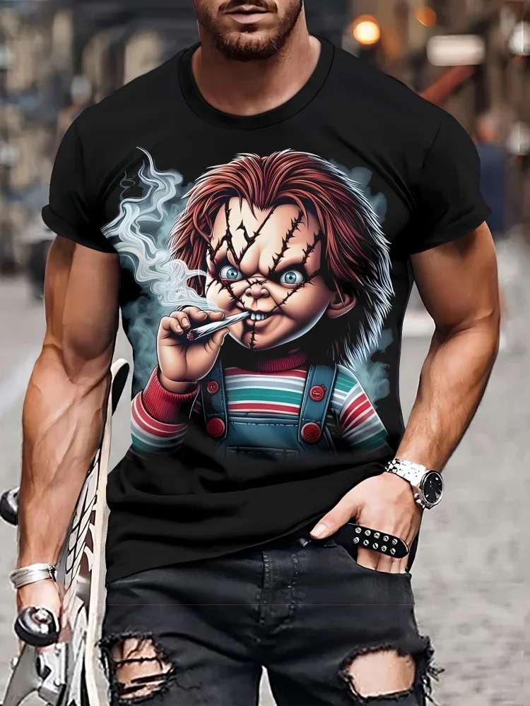 Trendy Men Horror Chucky Doll 3D Print T-Shirt Scary Movie Character Graphic Crew Neck Short Sleeve Halloween Casual Tee