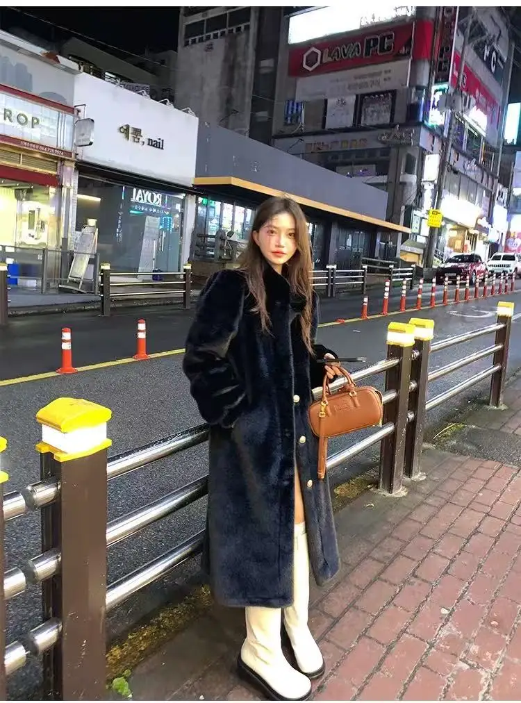 المرأة رقيق أسود طويل فو الفراء سترة عادية الصلبة الوقوف طوق واحدة الصدر فضفاض معطف دافئ سيدة الشتاء اليومية الشارع معاطف