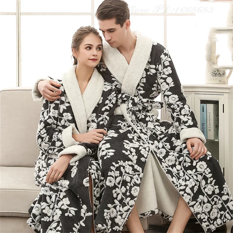 Winter Warm Coral Fleece Long Robe Couple Sleepwear Thick Flannel Jacquard Bathrobe Nightwear Loose Casual Homewear Lounge Wear