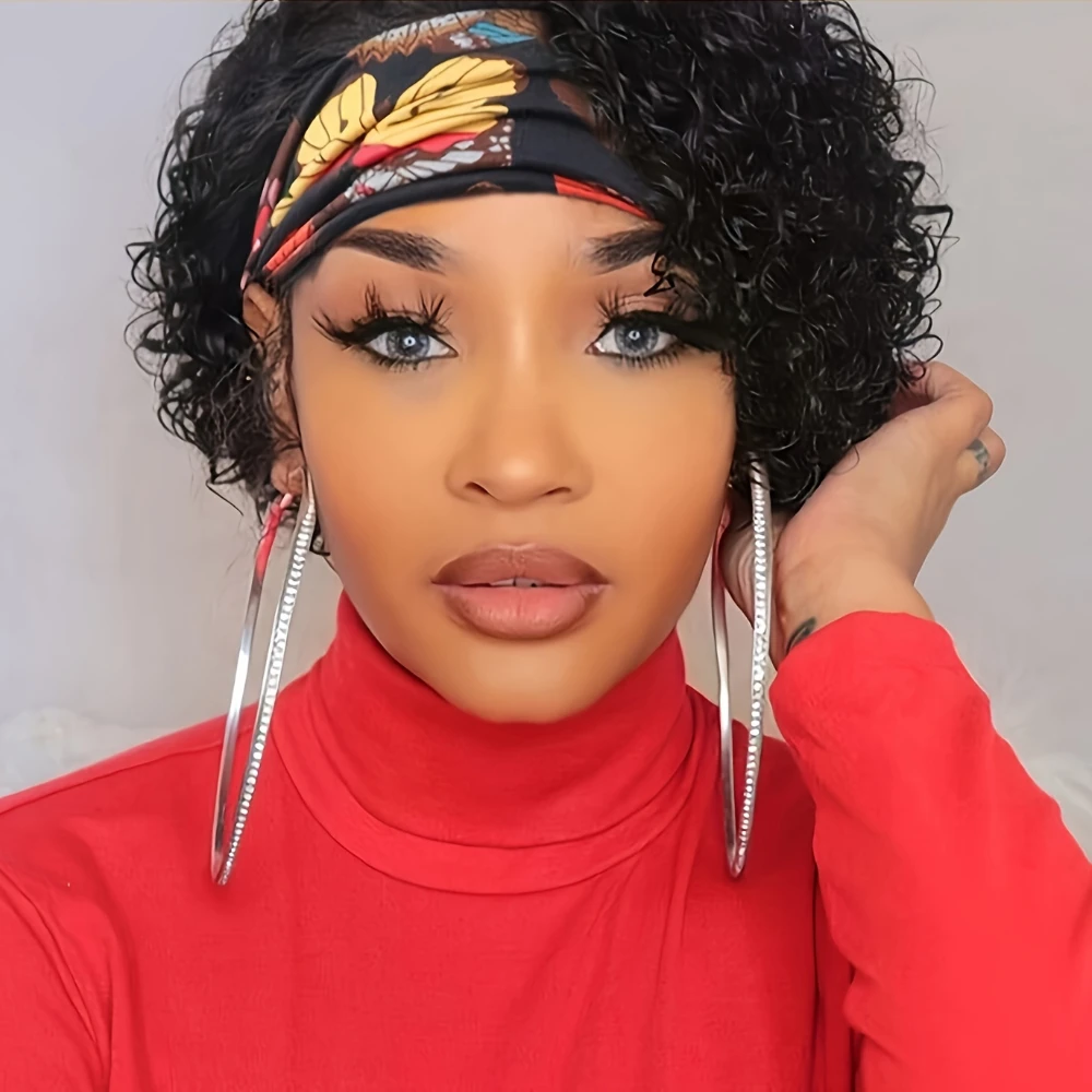 カーリーウェーブヘッドバンド人毛ウィッグ女性用ピクシーカットウィッグショートカーリーヘッドバンドウィッグ150%密度ナチュラルブラックマシンメイド