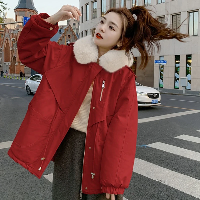 

2025 Spring Fall Women Artifical Fur Collar Patchwork Red Beige Orange Thick Warm Jacket Coat , Woman Casual Jackets Coats