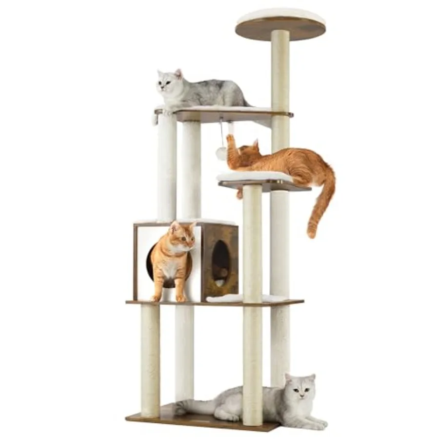 

64.6-Inch Modern Cat Tree with 5 Scratching Posts Perch Washable Removable Cushions Cave Multi-Level Condo Gray