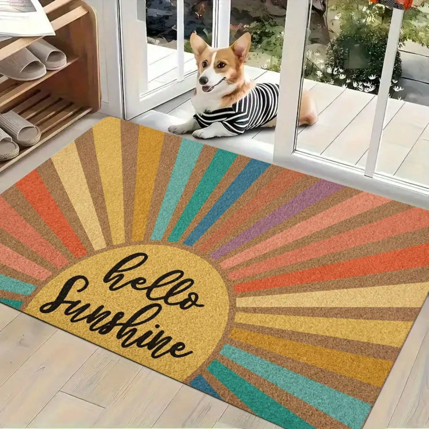 A Retro Sunburst Welcome Mat For Indoor Use, Featuring A Cheerful 'Hello Sunshine' Design. Made From Flannel, It Is Non-Slip, Comfortable, And Easy To Clean